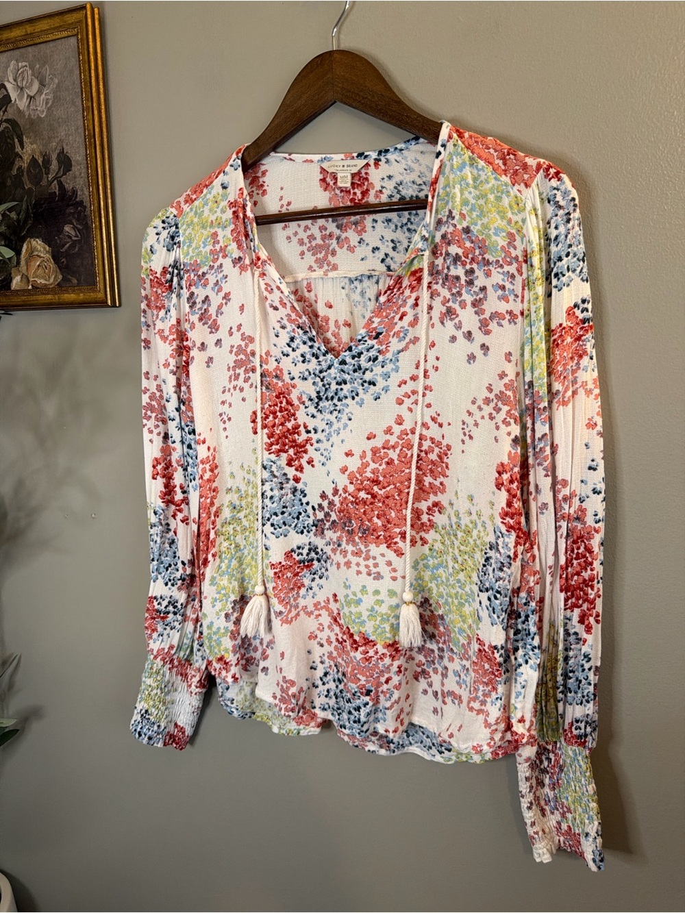 Lucky Brand Floral Tassel Tie Peasant Blouse 100% Viscose Boho Size Medium - Picture 2 of 9